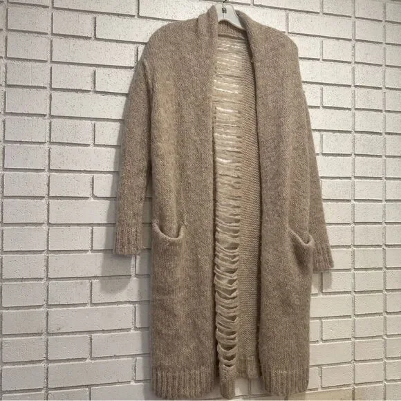 Current Elliott Long Slash Pocket Open Front Alpaca shredded Cardigan beige 1 /S - Picture 6 of 11